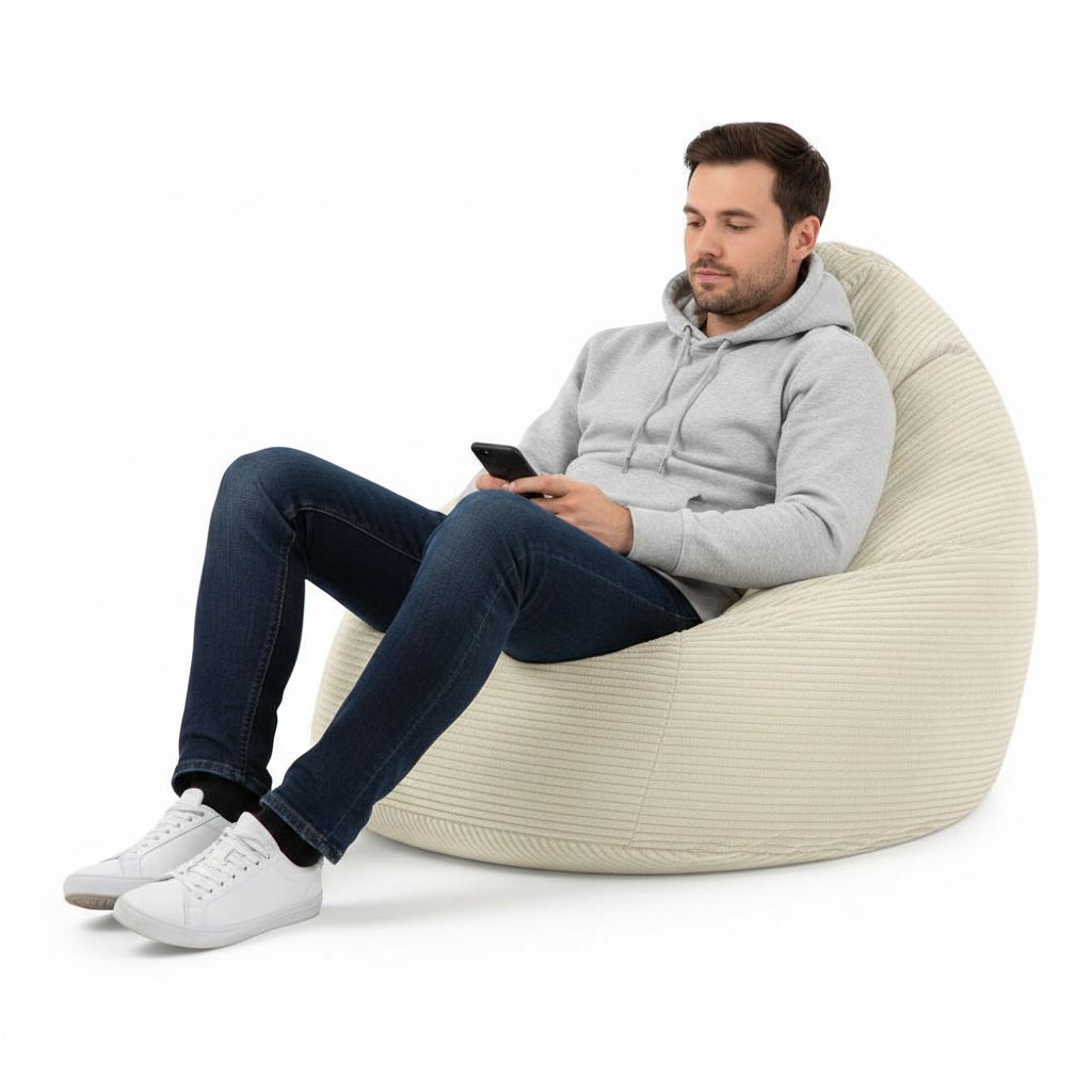 Sitzsack Flumpy Dune XXL beige Person sitzt drauf