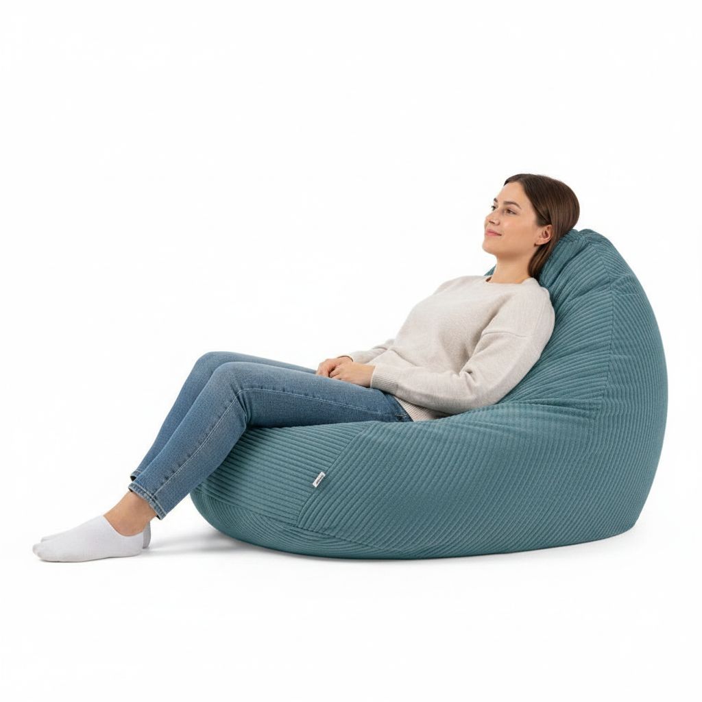 Sitzsack Flumpy Dune XXL petrol frau sitzt drauf